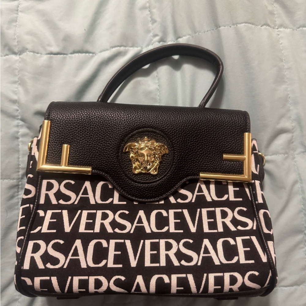 Black and Cream Satchel with Gold Accents